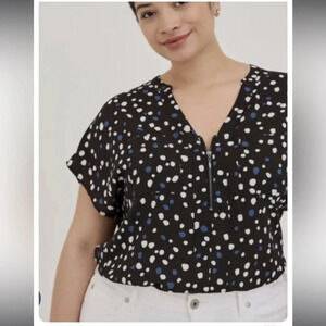 Torrid Cheetah Dot Georgette Zip Front Dolman Blouse Black Blue White Size 1X